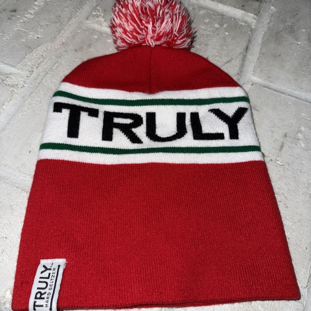 Truly Hard Seltzer Knit Winter Hat - Pom Pom Top Beanie - Red White and Green
